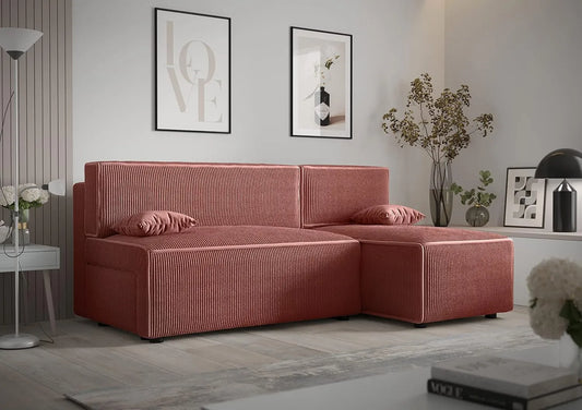 Sofa narożna — ze sztruksu, z funkcją spania, 212 cm, 85 cm, 105 cm, różowy