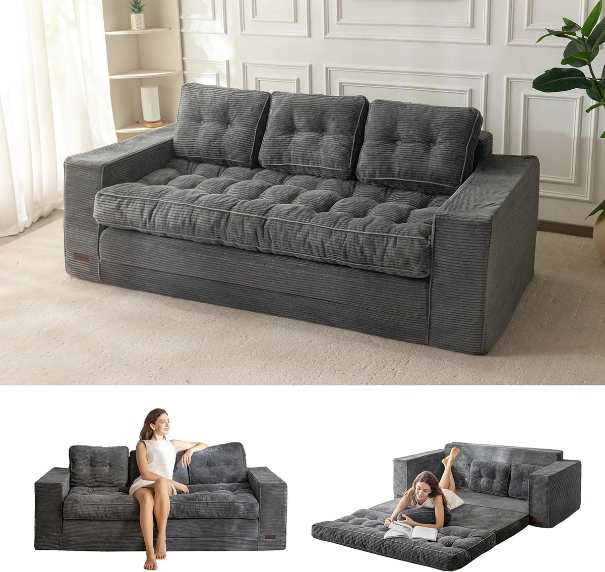 Sofa — ze sztruksu, z funkcją spania, z poduszkami, składana konstrukcja, 3-osobowa, 101 × 196 cm, 190 cm