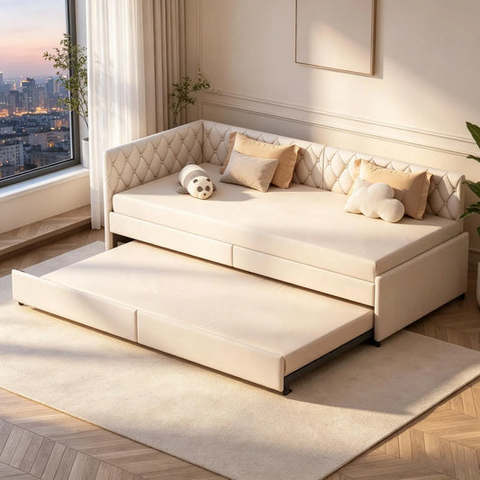 Sofa narożna – z funkcją spania, tapicerka aksamitna, 90 × 200 cm, beżowy, rozkładana konstrukcja