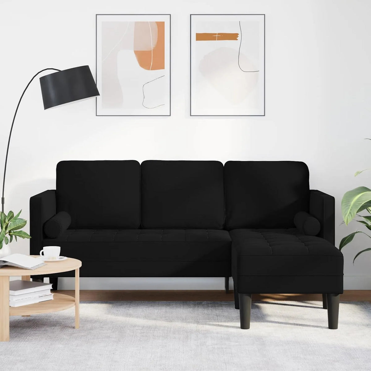 Sofa — w kształcie litery L, z drewna, tapicerka aksamitna, 160 cm, czarny
