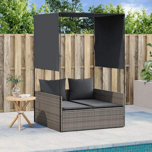 Podwójny leżak do opalania z dachem i zasłonami — z poduszkami, z technorattanu, szary