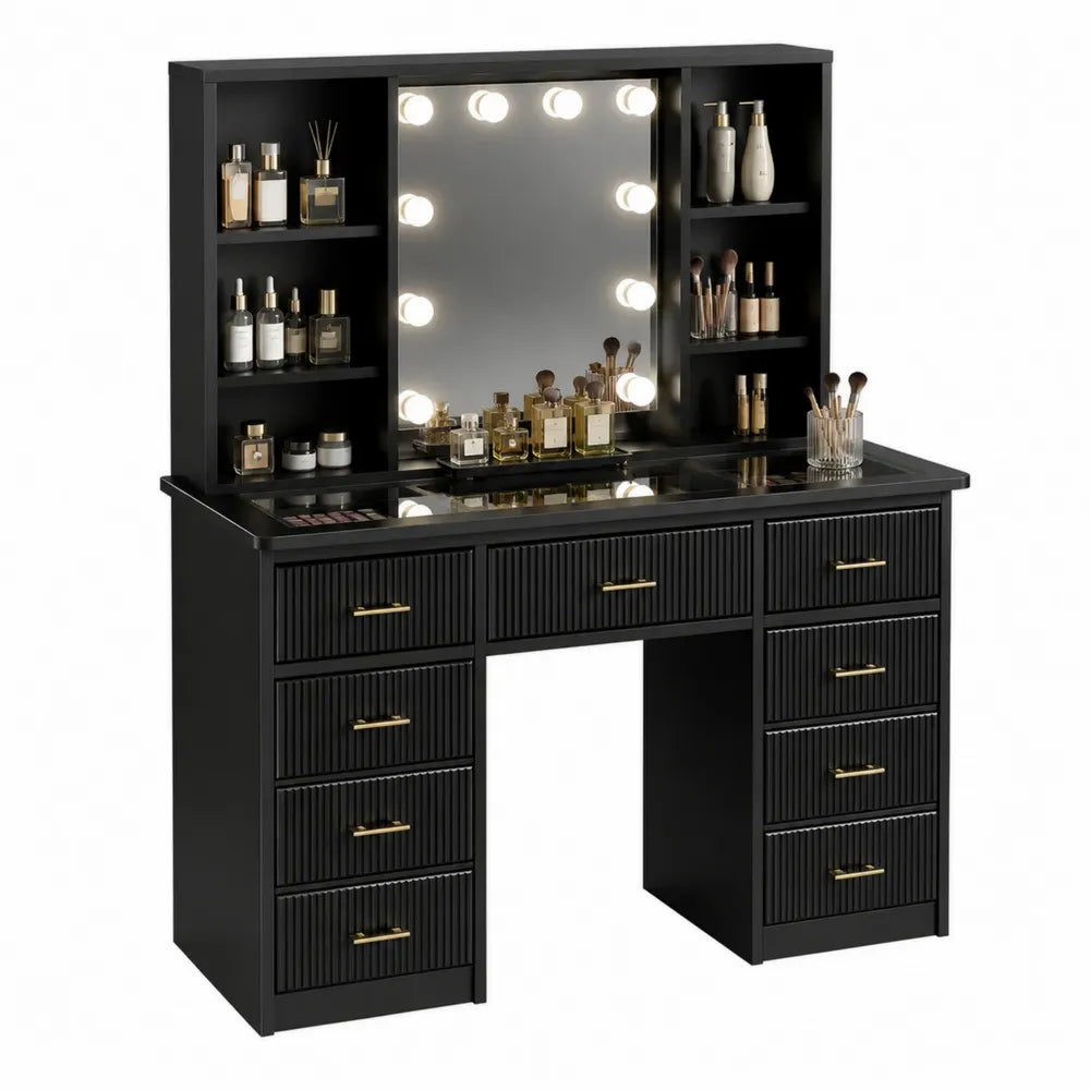 Toaletka z lustrem LED i półkami z czarnego MDF 140x50x180 cm