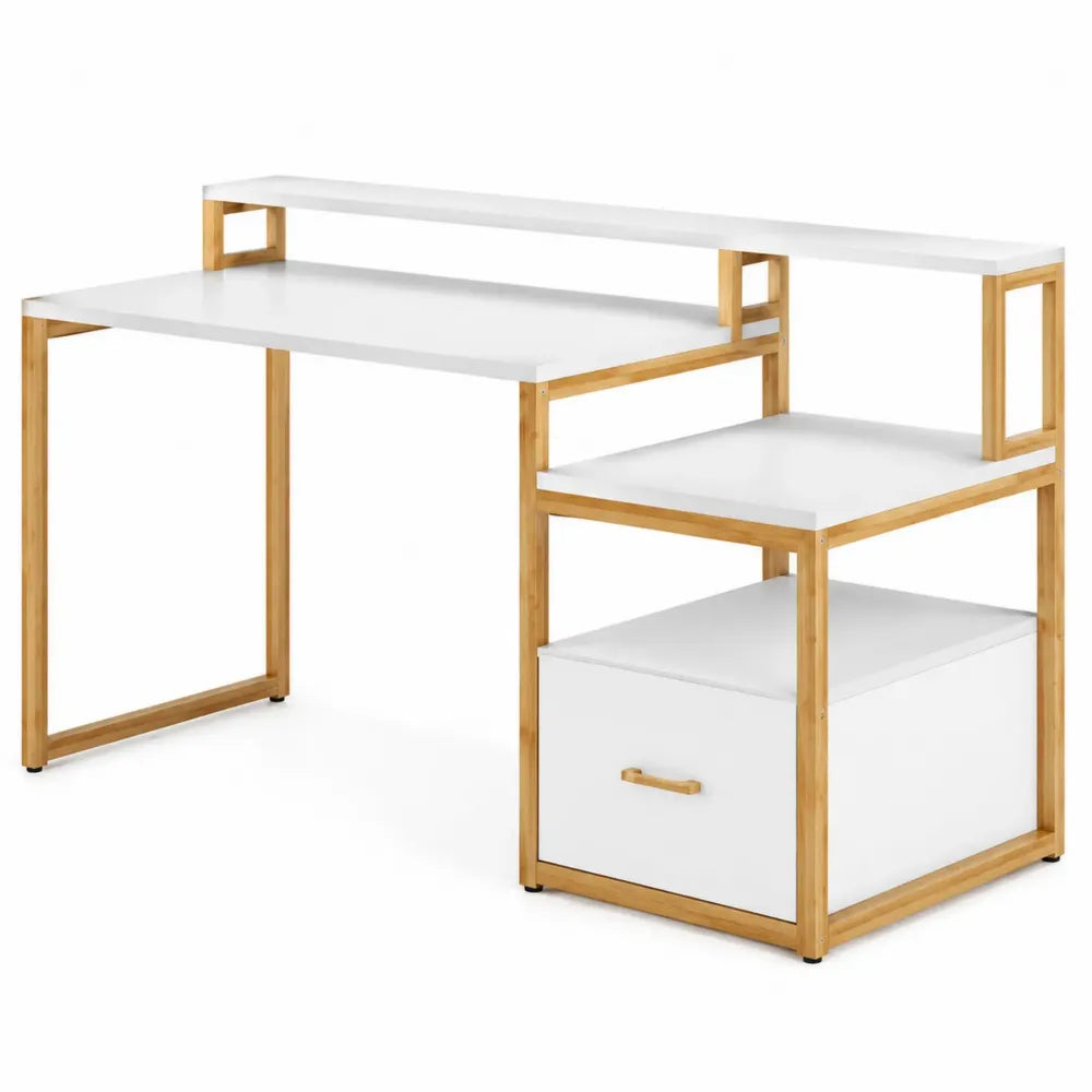 Biurko narożne z półkami i szufladą, MDF i bambus, biały/drewno, 100x50x90 cm
