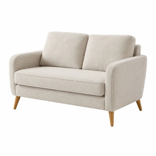 Beżowa sofa dwuosobowa z bukowymi nogami