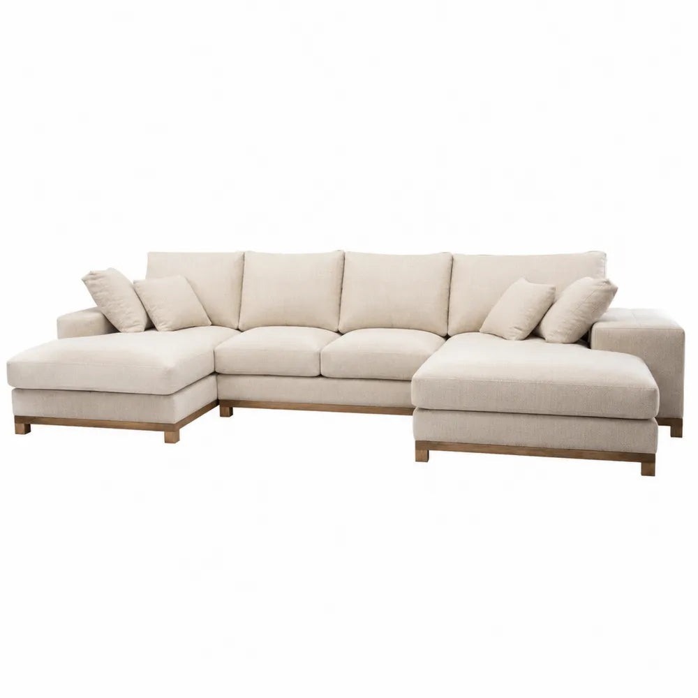 Sofa narożna modułowa L-kształtna beżowa tkanina lniana drewno dębowe