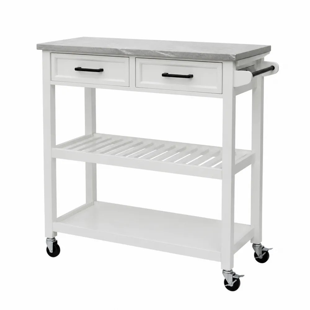 Drewniany wózek kuchenny z marmurowym blatem biały 84 cm