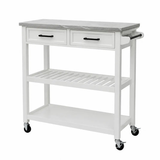 Drewniany wózek kuchenny z marmurowym blatem biały 84 cm